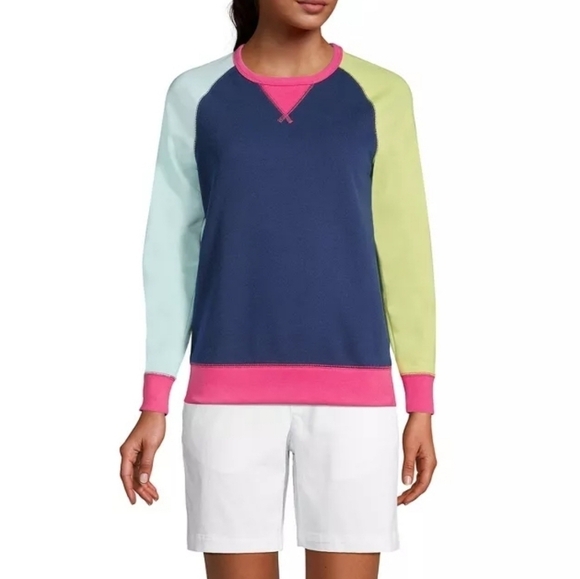 Lands End Serious Sweats Raglan Sweatshirt NAVY MULTI COLORBLOCK | 1X (16-18) - Picture 1 of 7
